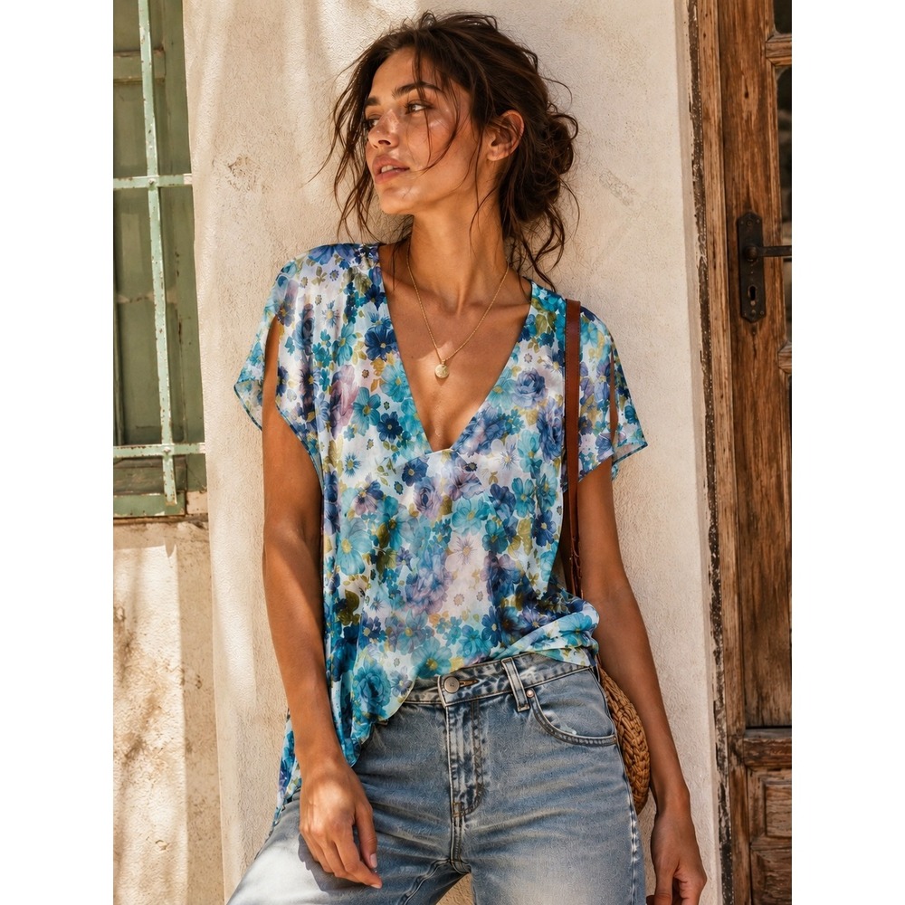 Yargici Floral V-Neck Viscose‎ Top Blue Teal Cap Sleeve Large European Summer